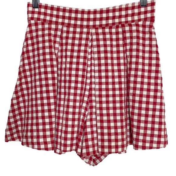 Zara Gingham Check Flared Shorts Size Small Red White High Waist Viscose Stretch - Picture 3 of 10